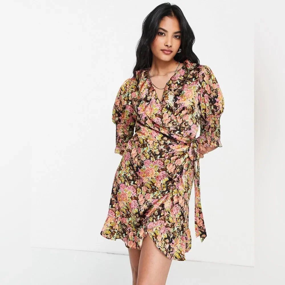 Topshop floral ruffle wrap miniโdress in multi